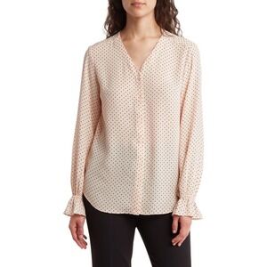 T Tahari Women's Polka Dot Blouse Long Sleeve Button Up V Neck Peach Black L